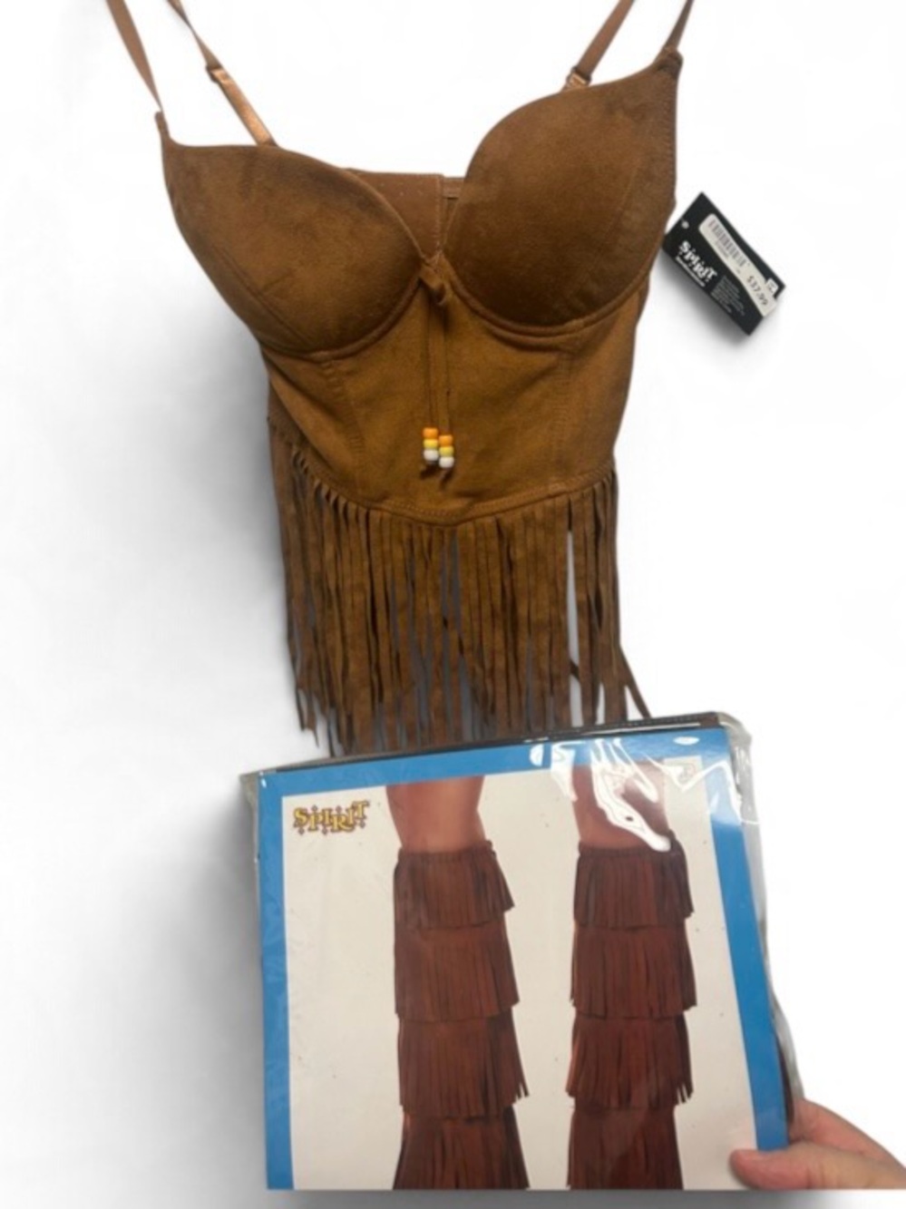 NWT Spirit Halloween Faux Suede Fringe
Corset Top & Boot Cover Bundle ® Size XS